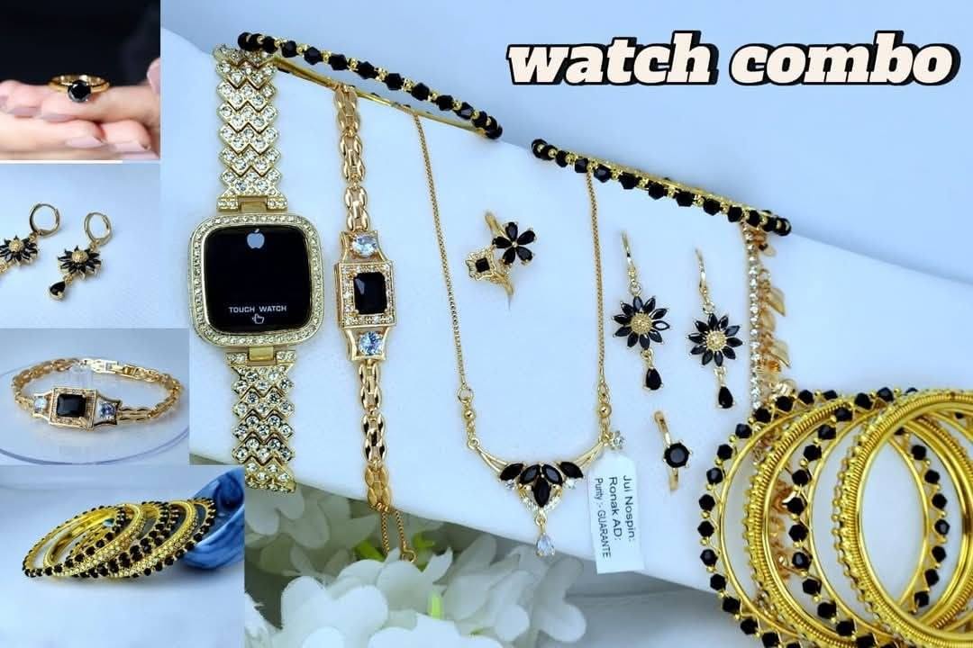 Luxury Black Stone Golden Touch Watch & Jewelry Combo Set with Velvet Box