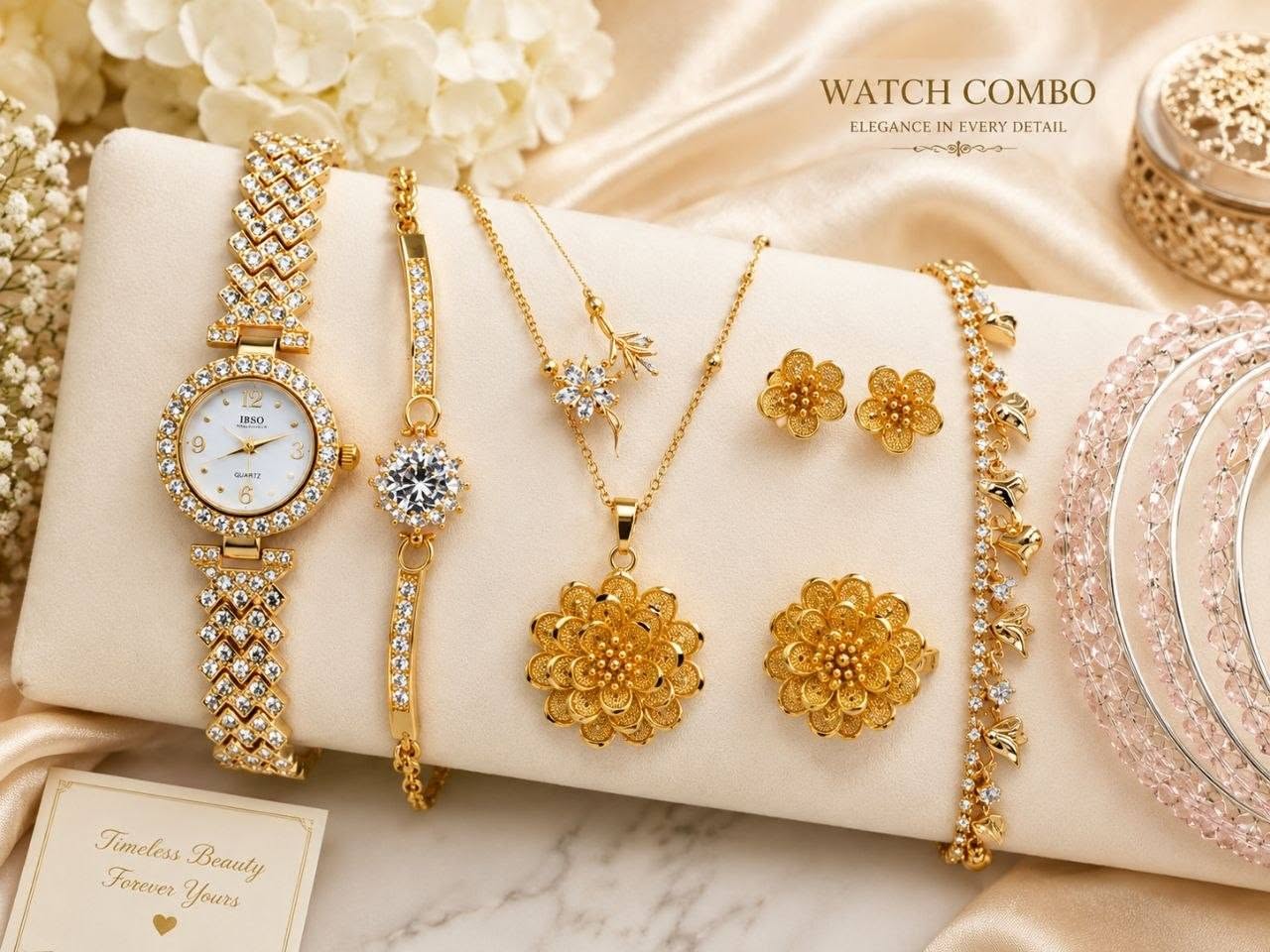 Exclusive Golden Floral Patterned Watch & Jewelry Combo Set with Gift Box