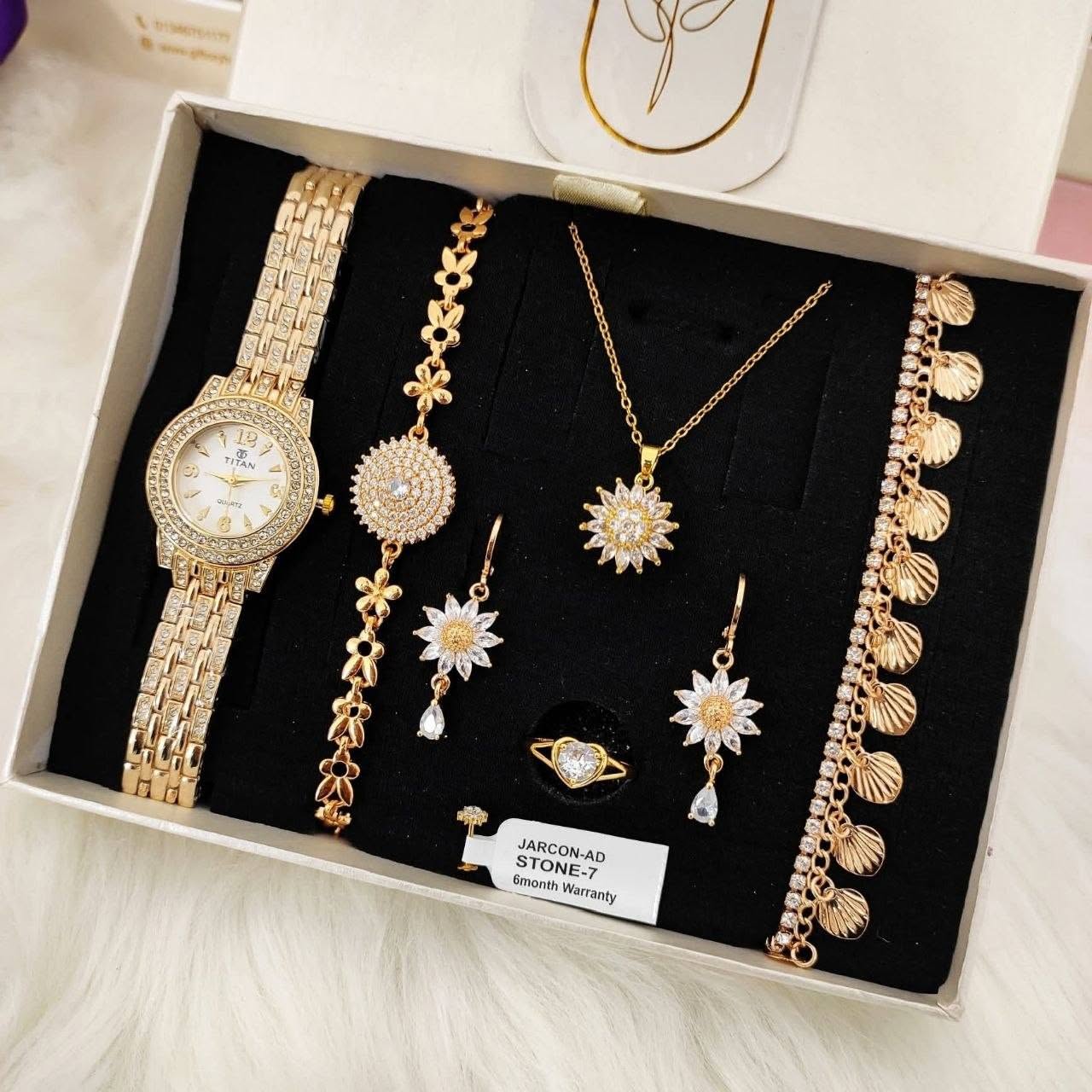 Gorgeous Golden Sunflower Motif Watch & Jewelry Combo Gift Set