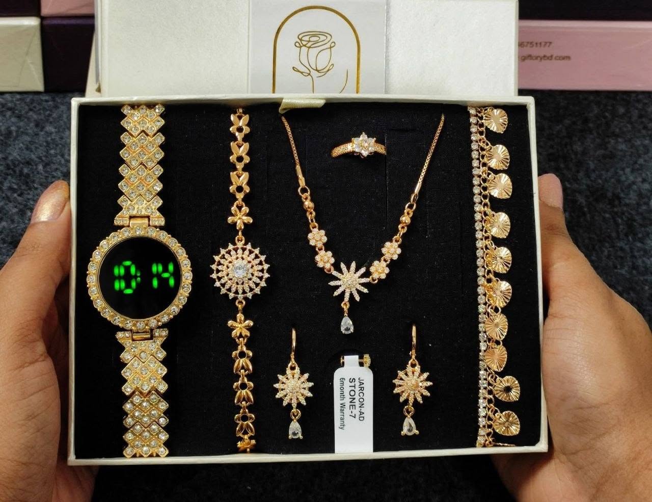 Luxury Golden Jarcon AD Stone Digital LED Watch & Starburst Jewelry Combo Set
