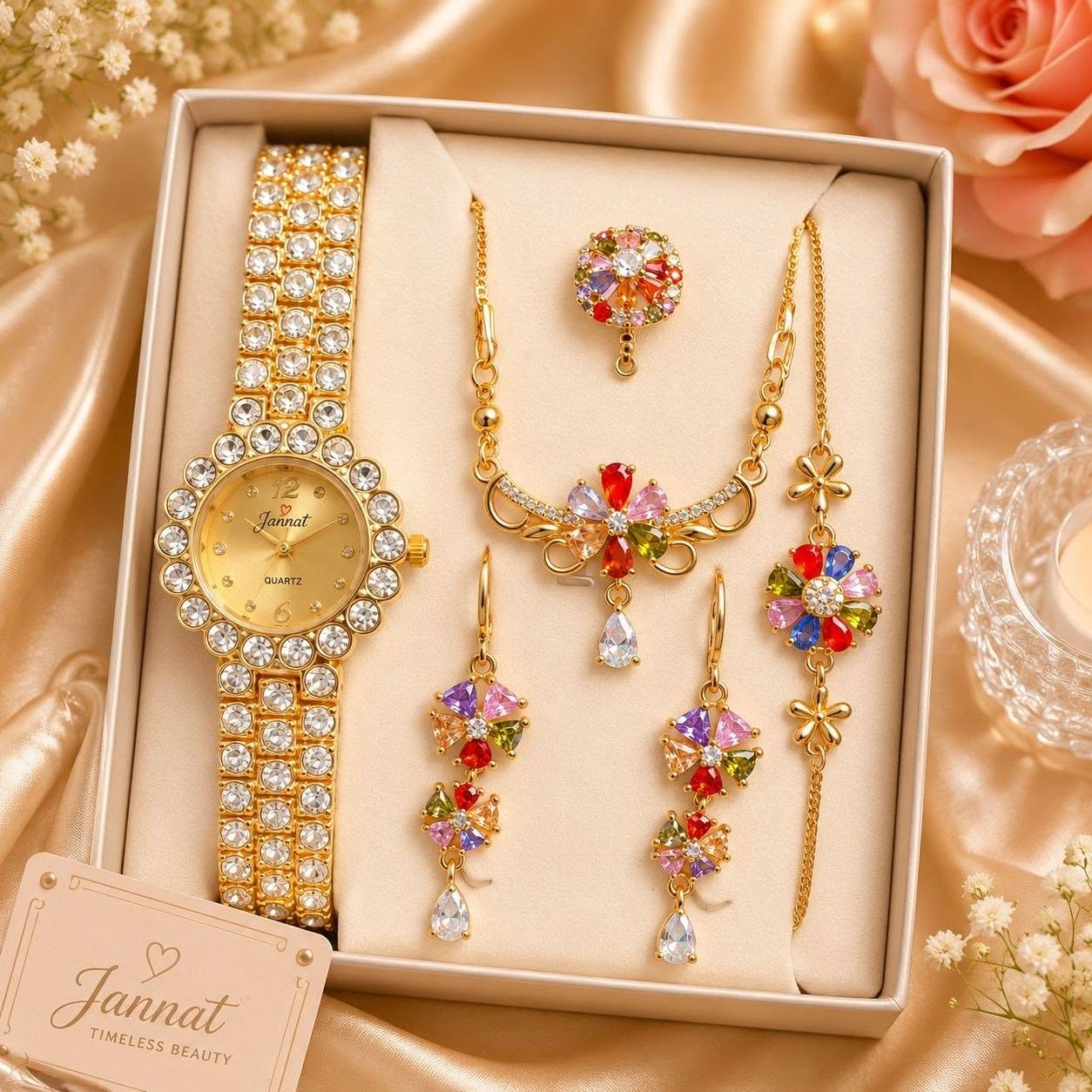 Luxury Golden Multicolor AD Stone Floral Watch & Jewelry Combo Gift Set
