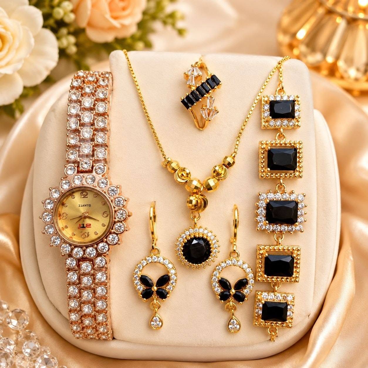 Luxury Golden Black AD Stone Square Motif Watch & Jewelry Combo Gift Set
