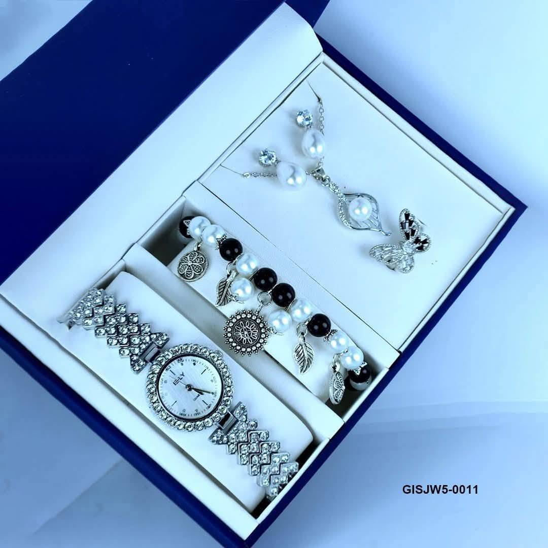 Silver All-Stone Watch with Black & Pearl Charms Jewelry Combo Gift Set